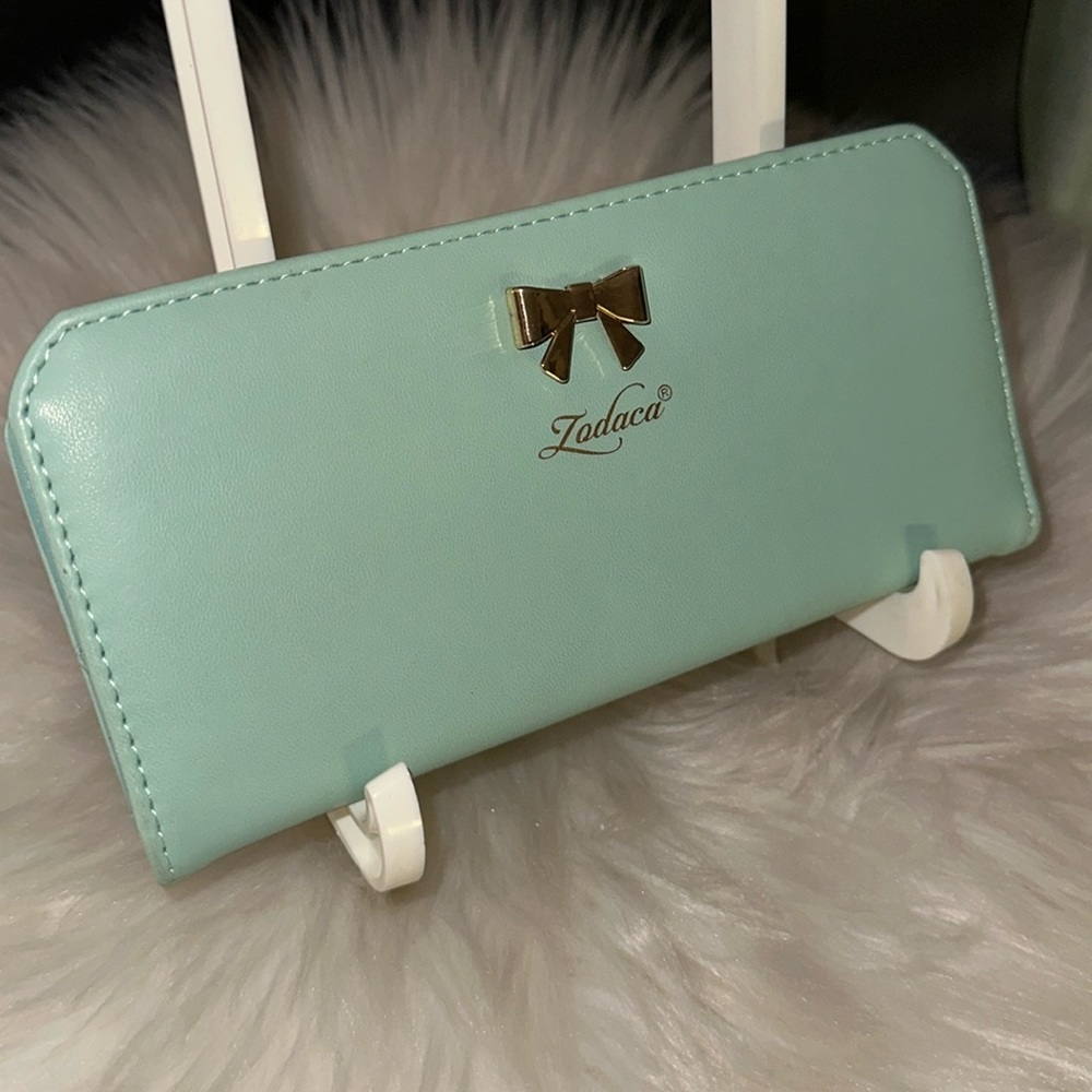 Fashion Inspired Blue Slim Skinny Women’s Wallet Snap Closure Bow Embellishment